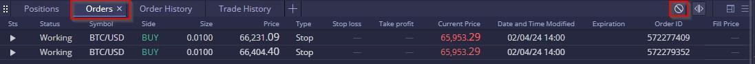 DXtrade Orders panel listing a pending order