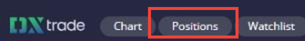 DXtrade workspace toolbar with the Positions control and My Account selector