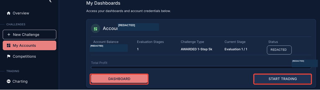 Velotrade Portal My Accounts page with the Dashboard and Start Trading buttons highlighted