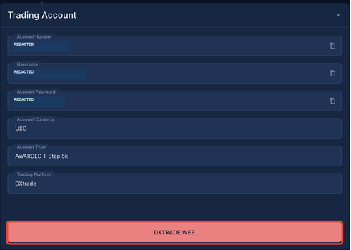 Start Trading panel showing DXtrade credentials and the DXTRADE WEB button